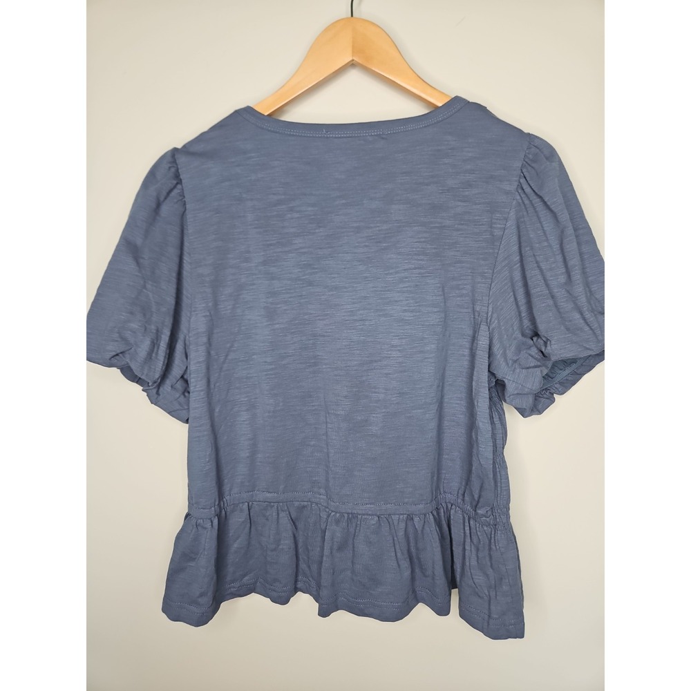 Jane + Delancey Blouse XL Blue Gray Puff Sleeve Smocked Cotton Coastal Boho Chic - Picture 10 of 14